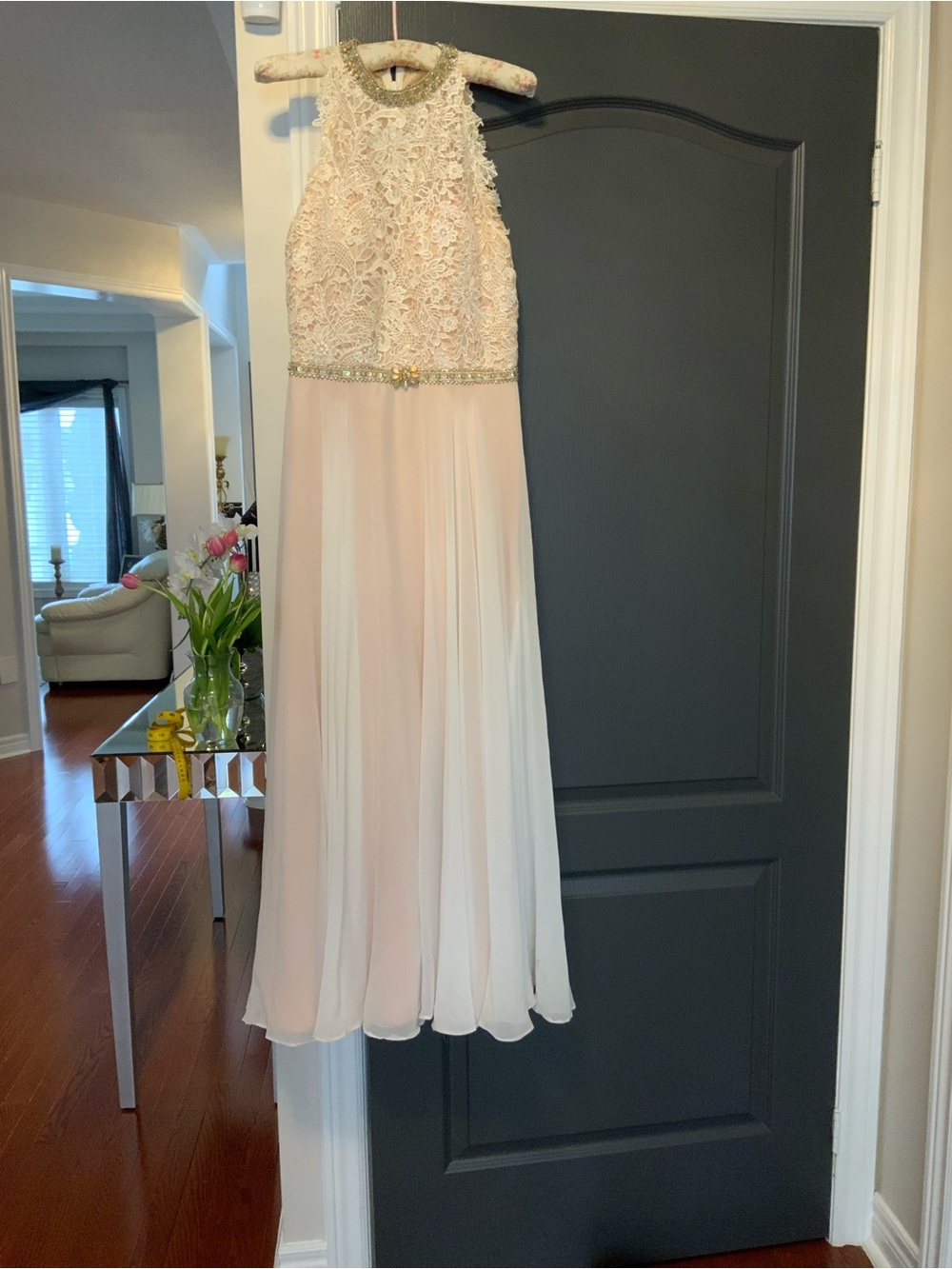 Alyce Paris Blush and Off White Lace Halter Evening Gown